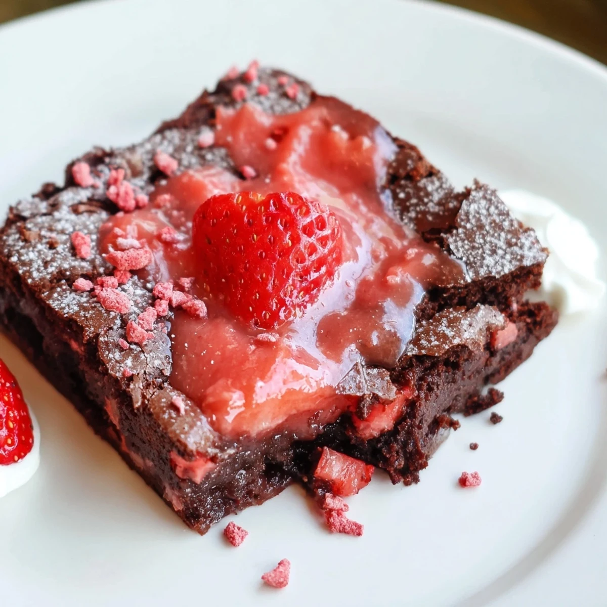 Strawberry Brownies with glossy pink glaze, fudgy squares on parchment paper