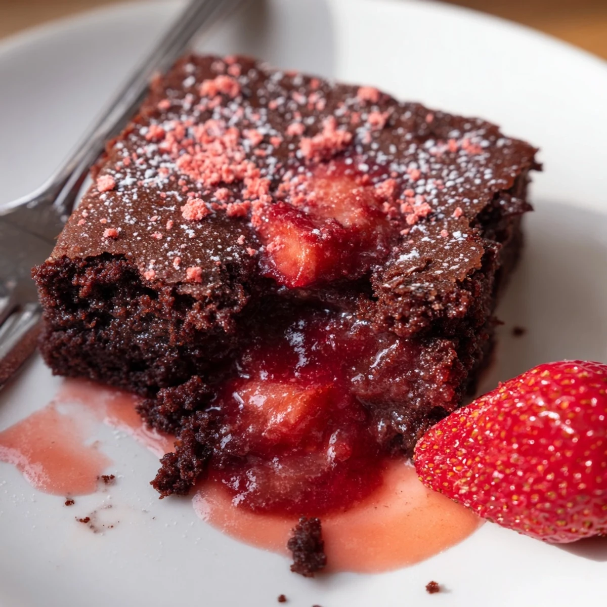 Warm Strawberry Brownies cooling in an 8x8 pan, steam gently rising