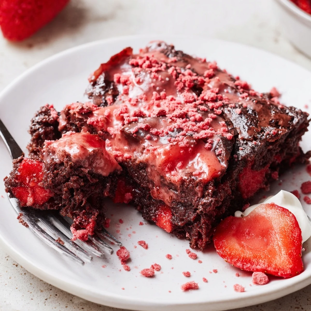 Sliced Strawberry Brownies topped with fresh berries and whipped cream, spring-ready