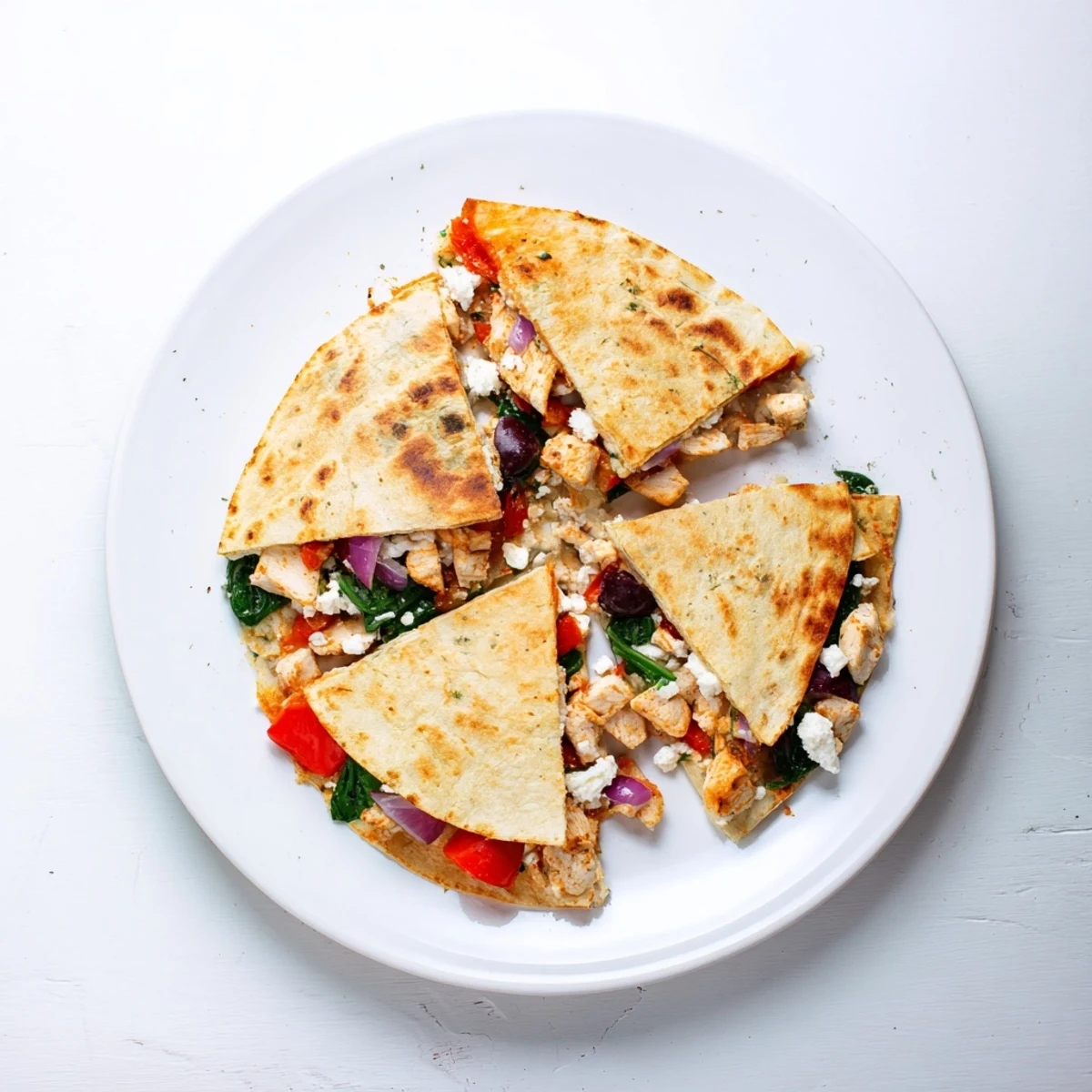 Golden brown Greek chicken quesadillas sliced into wedges with melted mozzarella and feta cheese oozing from crispy tortillas