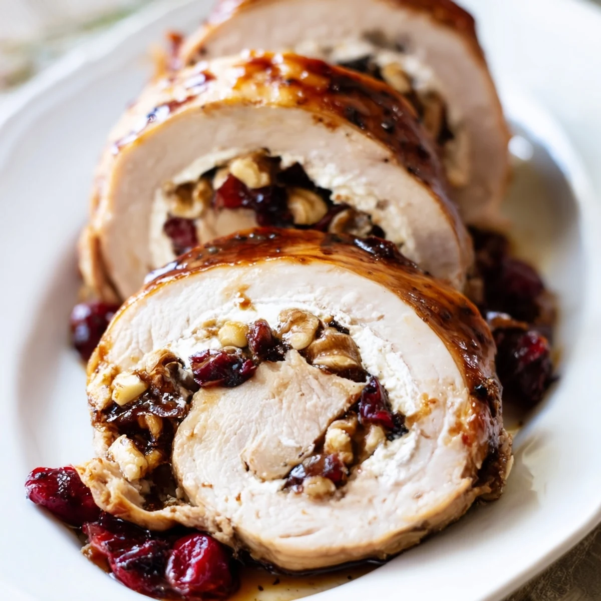 Golden roasted turkey breast slice revealing creamy goat cheese and vibrant cranberry filling on a white plate