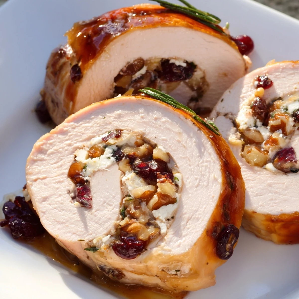 Juicy cranberry goat cheese stuffed turkey breast roll glazed with honey mustard and sliced for serving