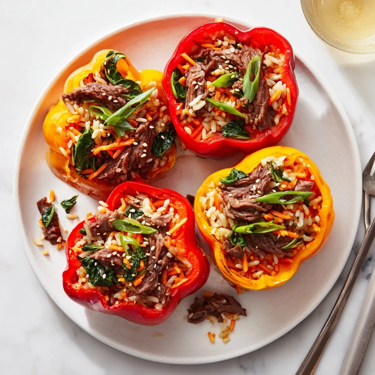 Golden roasted bell peppers stuffed with tender marinated beef bulgogi and fluffy seasoned rice