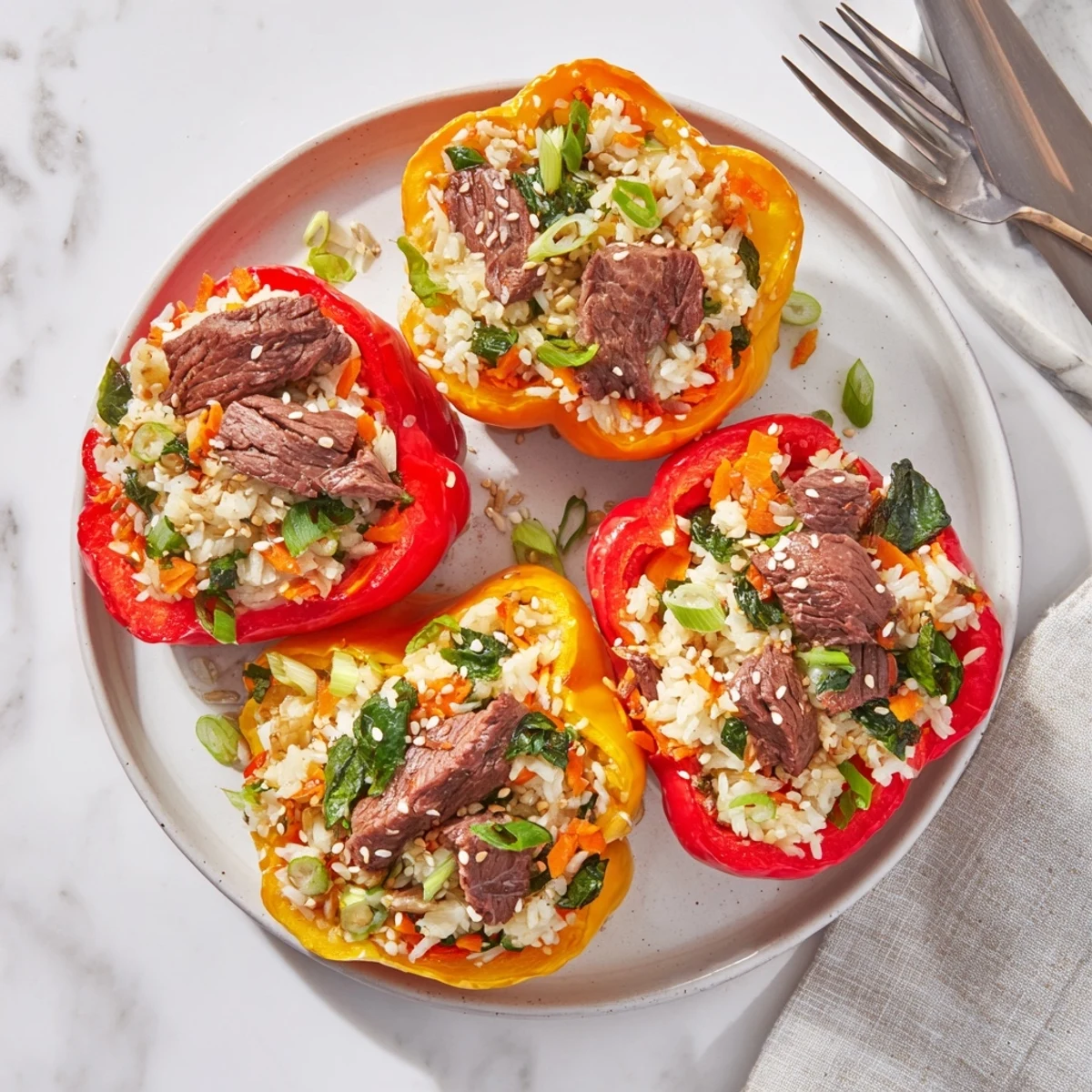 Colorful bell peppers overflowing with savory Korean beef bulgogi rice mixture, garnished with fresh scallions
