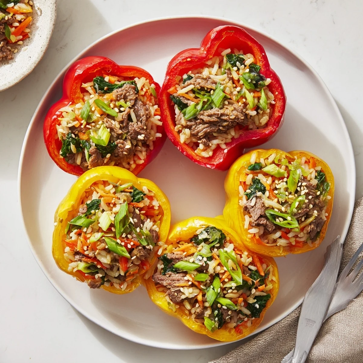 Four vibrant peppers filled with Korean-style beef and rice, topped with sesame seeds and green onions