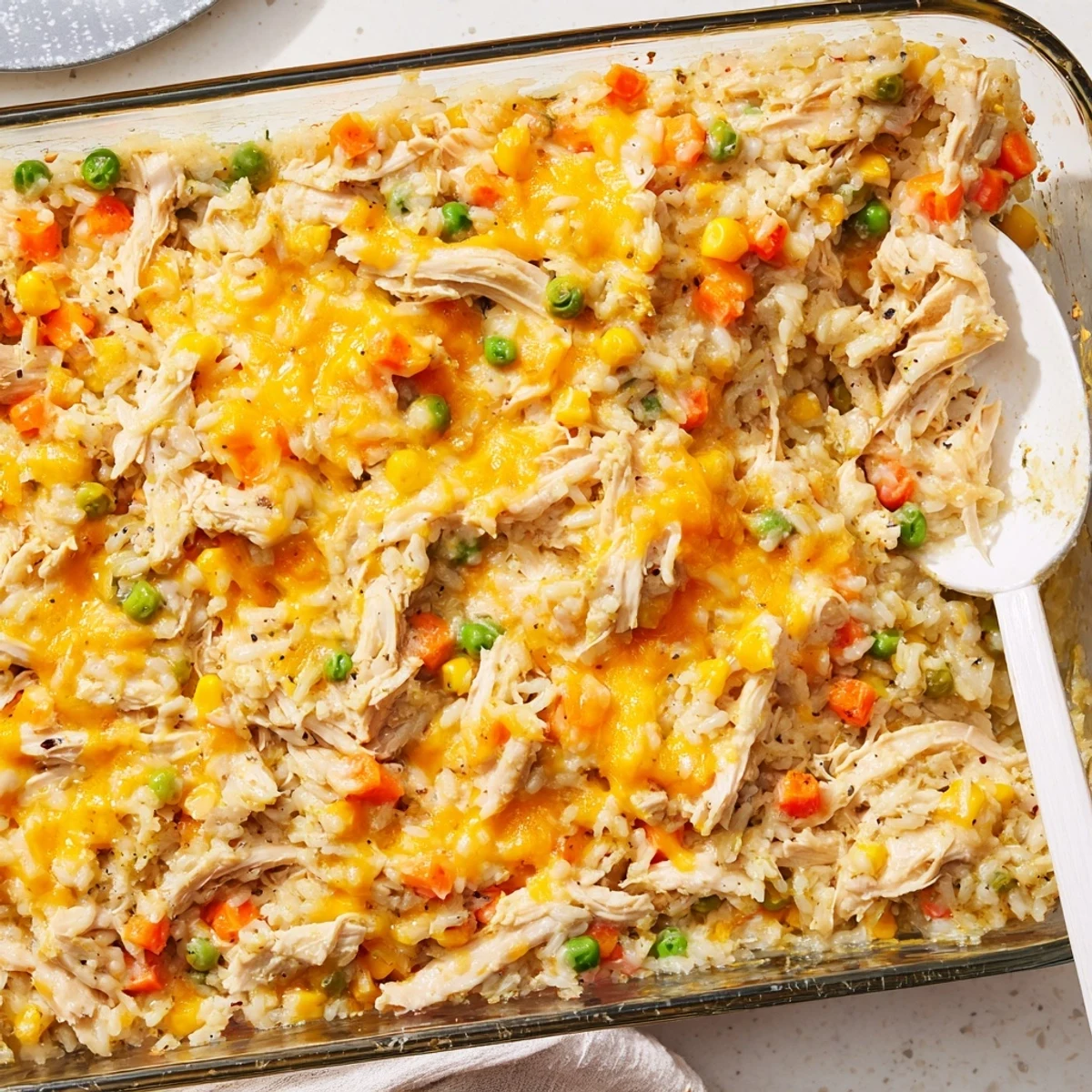 Golden creamy chicken and rice casserole topped with melted cheddar cheese and colorful vegetables.