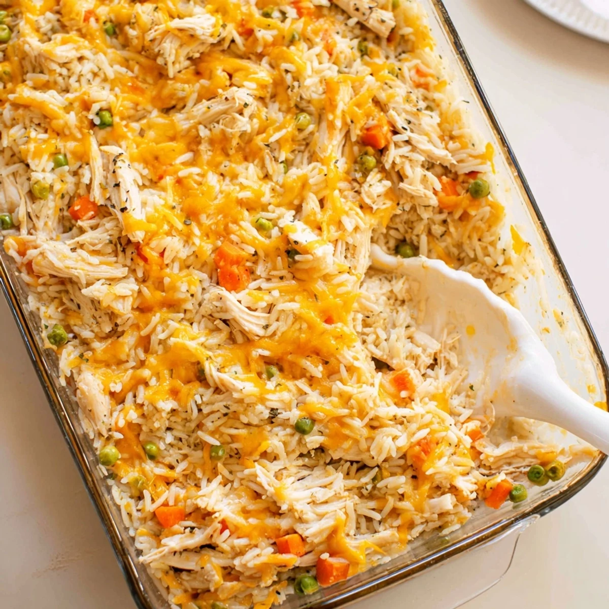 Bubbling cheese delight covers this comforting chicken and rice casserole fresh from the oven.