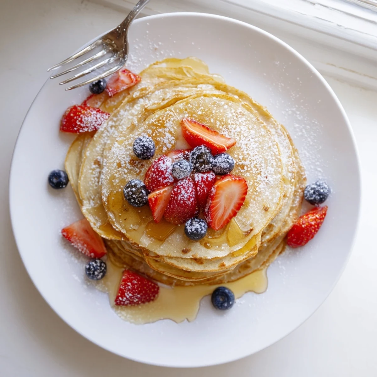Golden honey drizzled over warm thin French crepes stacked on a white plate