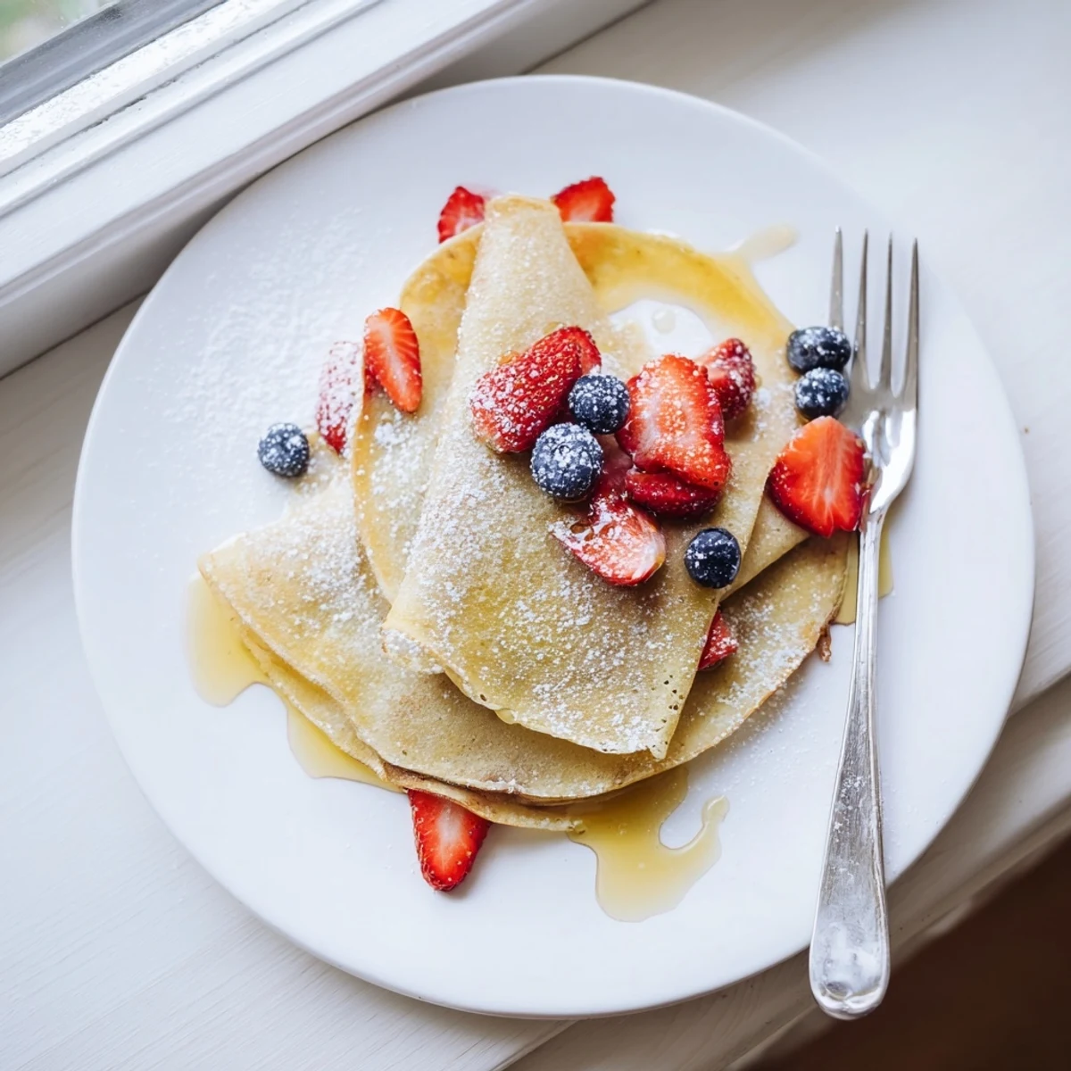 Delicate homemade crepes with honey drizzle served fresh for breakfast or brunch