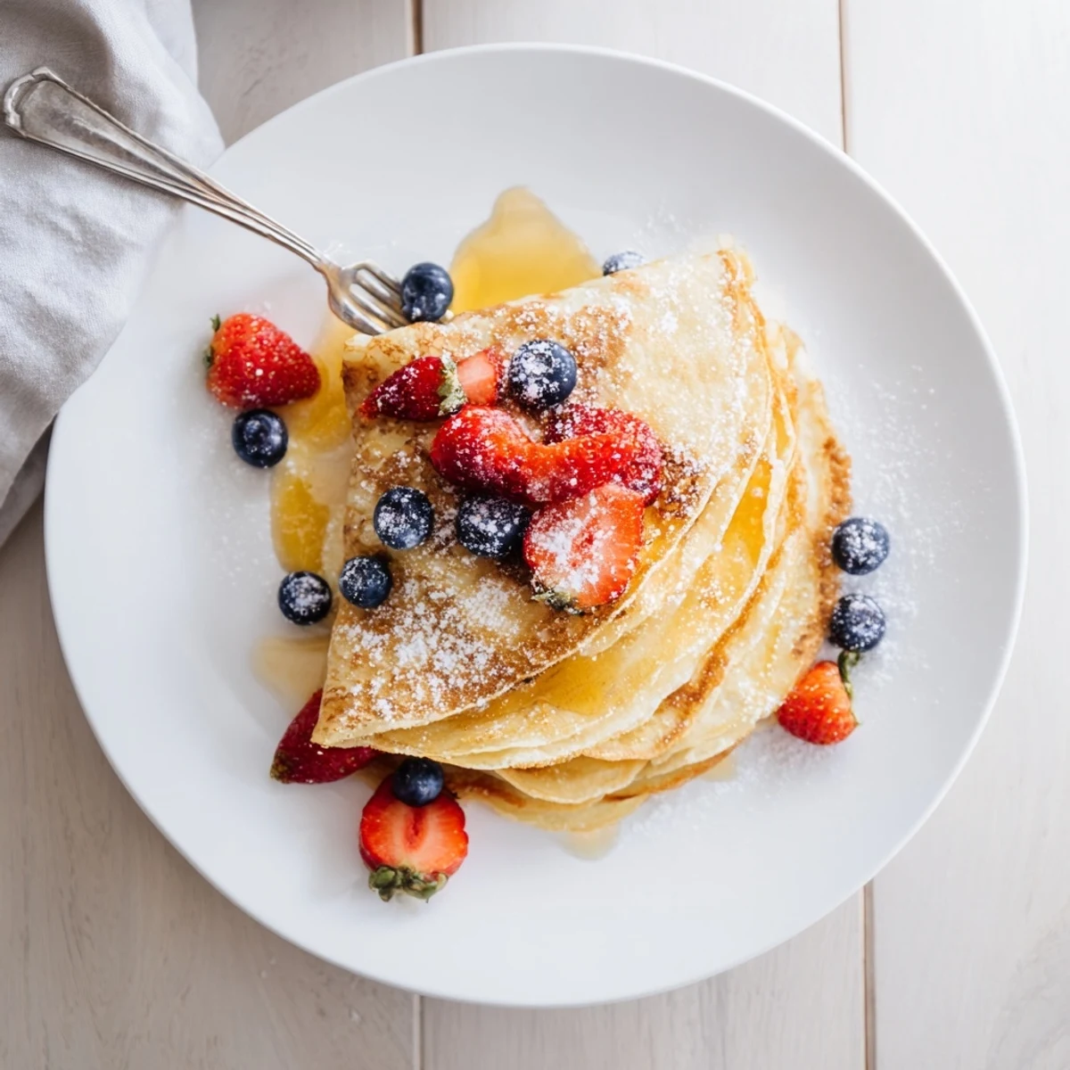 Stack of light golden crepes glistening with sweet honey and optional powdered sugar
