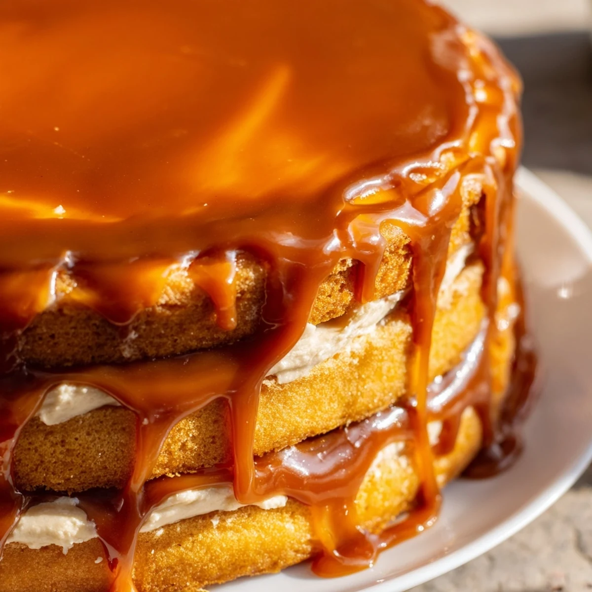 Golden caramel drizzle cascades down the sides of a frosted caramel cake slice on a white plate.