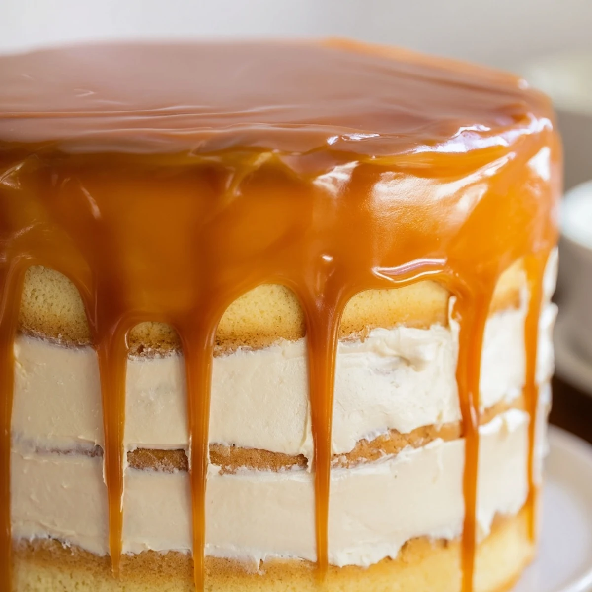 Three-layer caramel cake with silky buttercream frosting and glossy sauce dripping from the top edge.