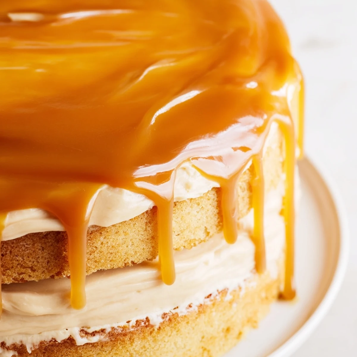Rich caramel cake topped with smooth buttercream and finished with sweet amber caramel sauce drizzle.