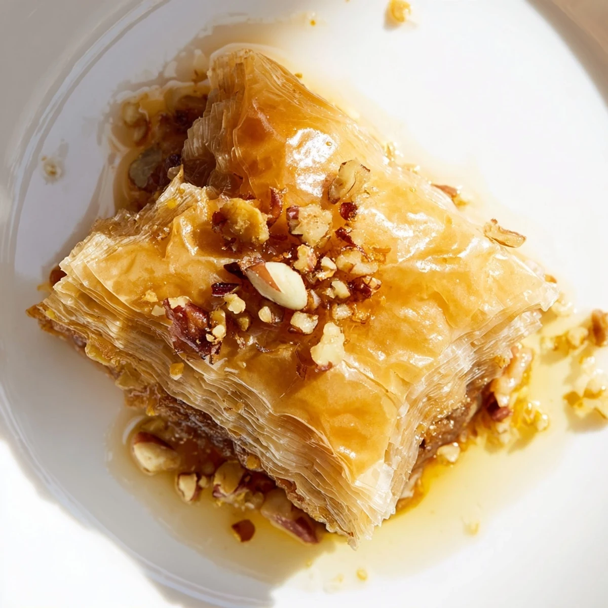 Crispy Middle Eastern baklava pastry featuring walnuts and pistachios between buttery layers soaked in aromatic syrup