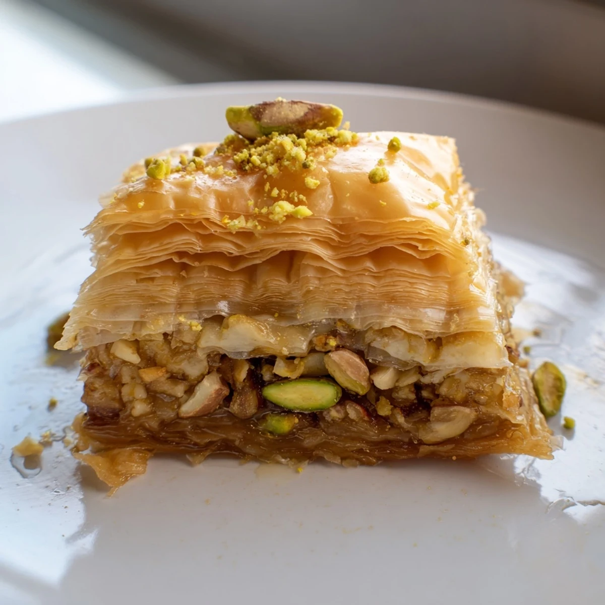 Golden baklava dessert with flaky phyllo layers, chopped nuts, and sweet honey syrup drizzled on top
