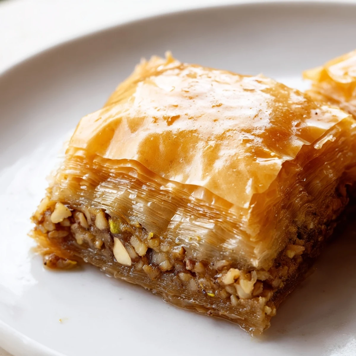 Homemade baklava squares cut into diamonds with nut filling and glistening cinnamon honey coating