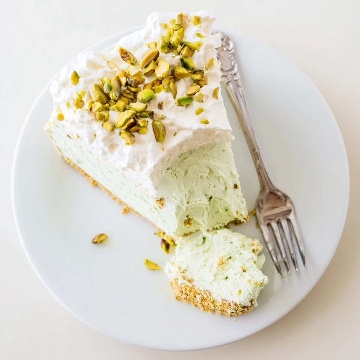 Slice of pistachio cheesecake topped with whipped cream and crushed nut garnish on white plate