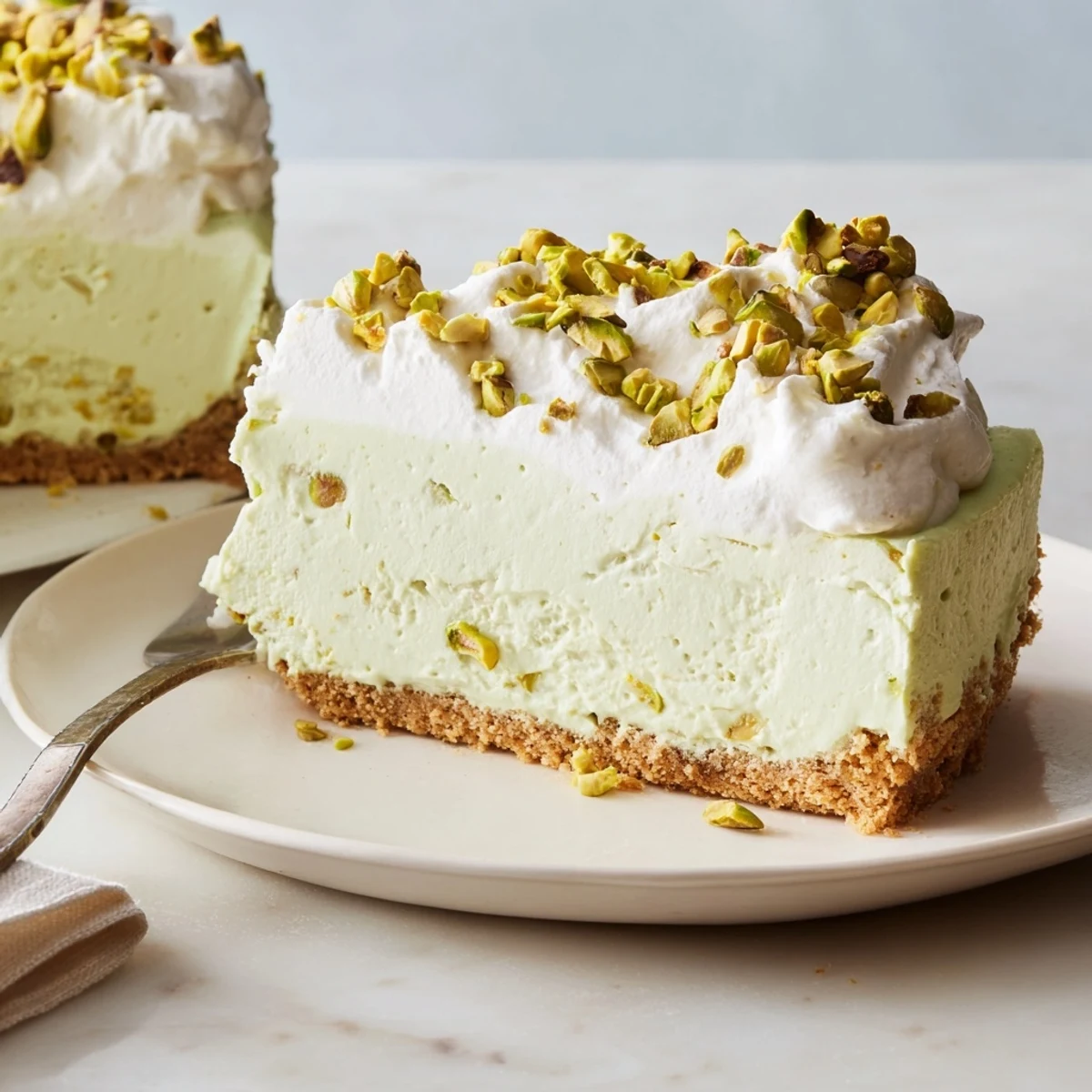 Creamy pistachio cheesecake with green nut-speckled filling on buttery graham cracker crust