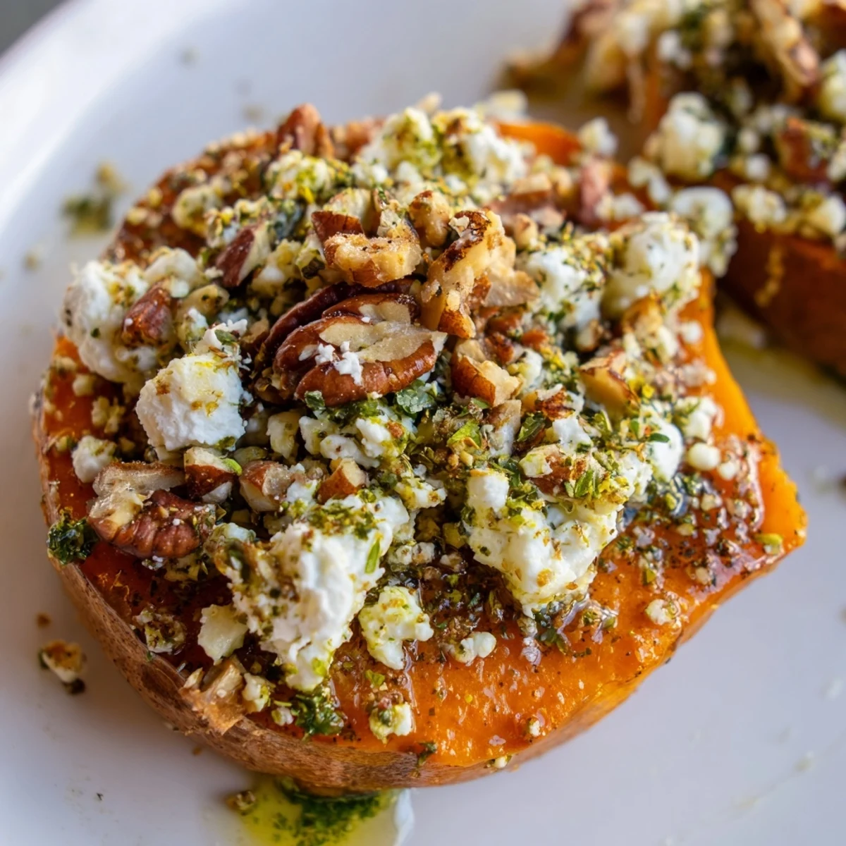 Golden roasted sweet potato rounds topped with crumbled feta, sweet honey drizzle, and fresh green herbs