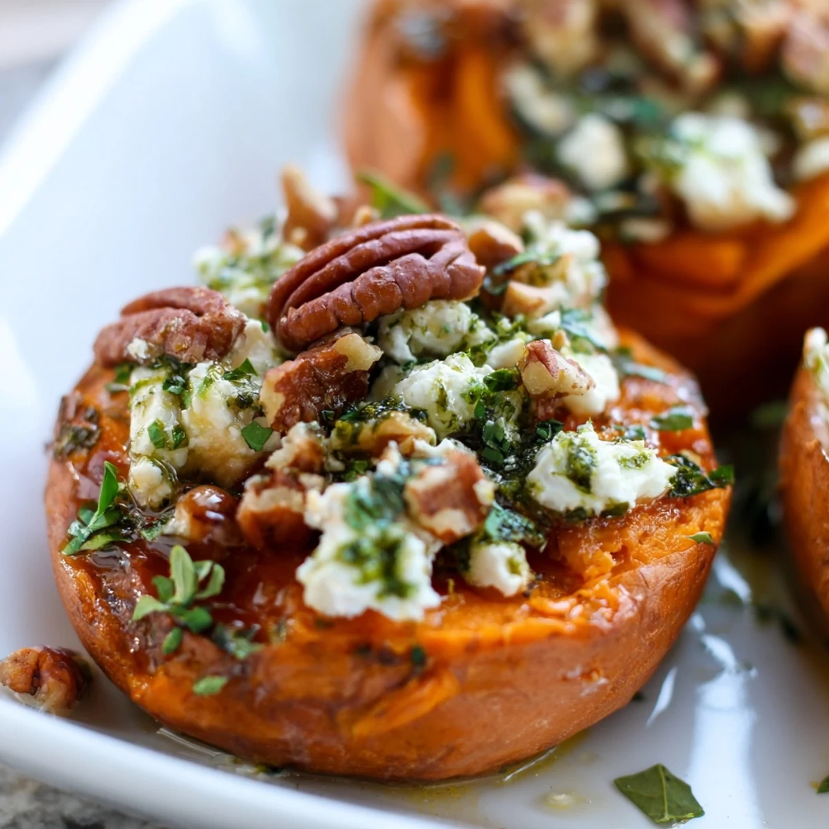 Appetizing honey feta sweet potato crostini arranged on a platter with vibrant herb drizzle and chopped pecans