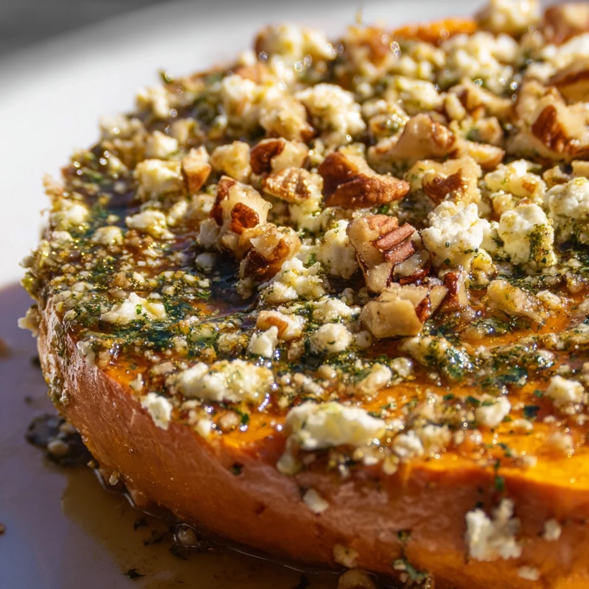 Close-up of Mediterranean style sweet potato bites featuring creamy feta cheese, golden honey, and zesty herb garnish