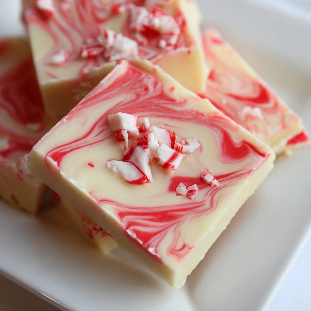 Creamy peppermint swirl fudge with marbled red and white chocolate topped with crushed candy canes