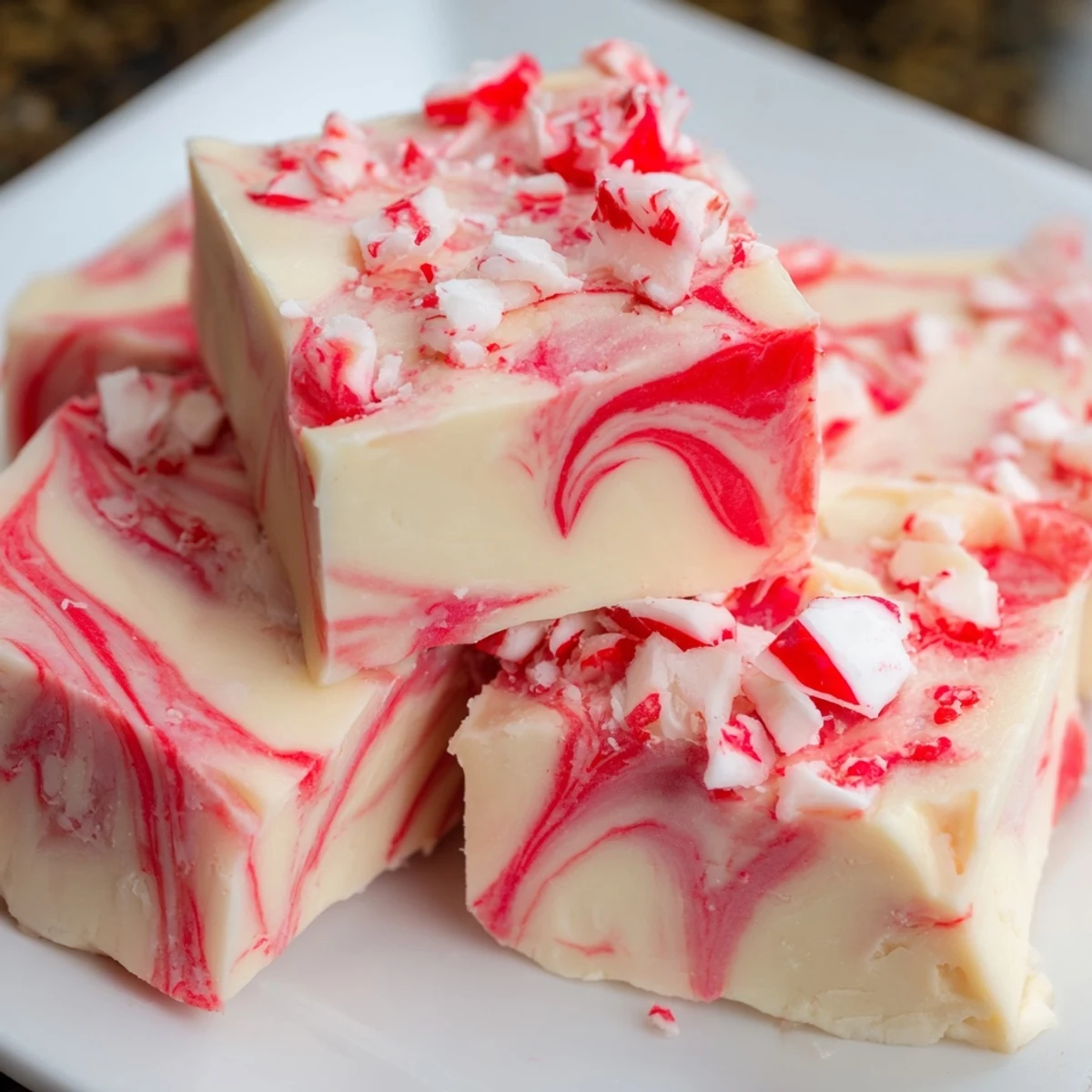 Homemade peppermint swirl fudge squares displaying festive red swirls and sprinkle of peppermint candies