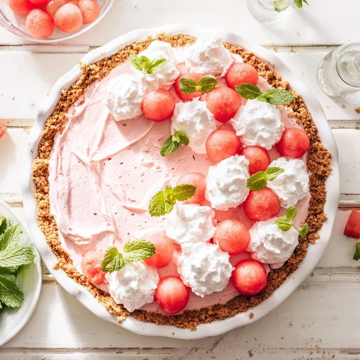Creamy watermelon pie slice topped with fresh watermelon balls and mint leaves
