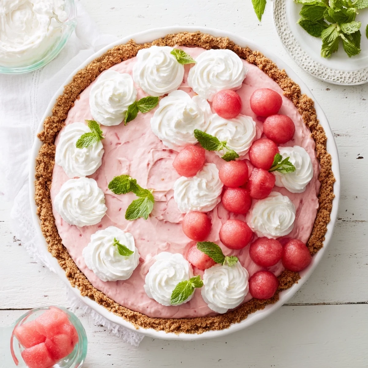 Chilled watermelon dessert pie with graham cracker crust and whipped cream topping