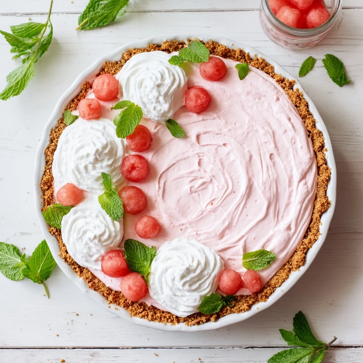 Pink watermelon pie in a white dish garnished with mint for summer gatherings