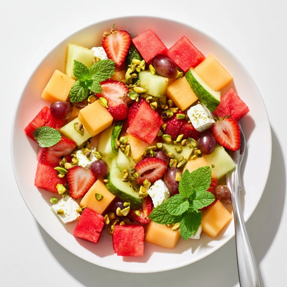 Vibrant mixed melon salad topped with crumbled feta, mint, and toasted pistachios