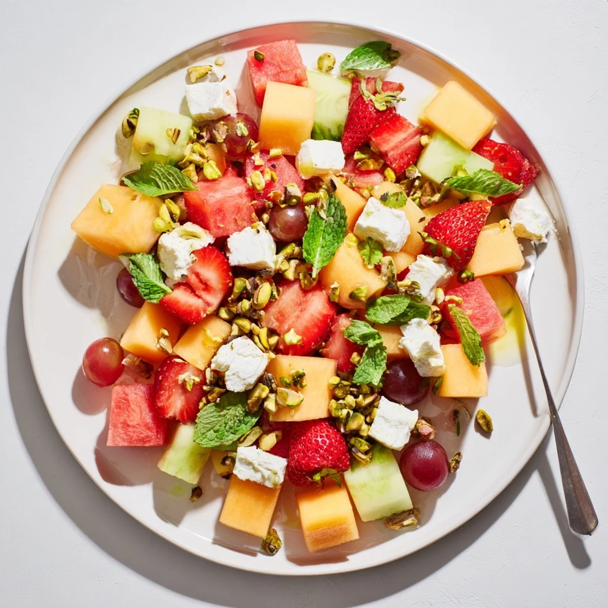Refreshing summer fruit salad bowl filled with watermelon, cantaloupe, strawberries, and creamy feta cheese