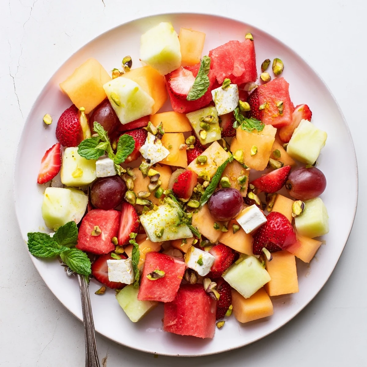 Chilled summer fruit medley with honeydew, grapes, basil, and tangy lime dressing