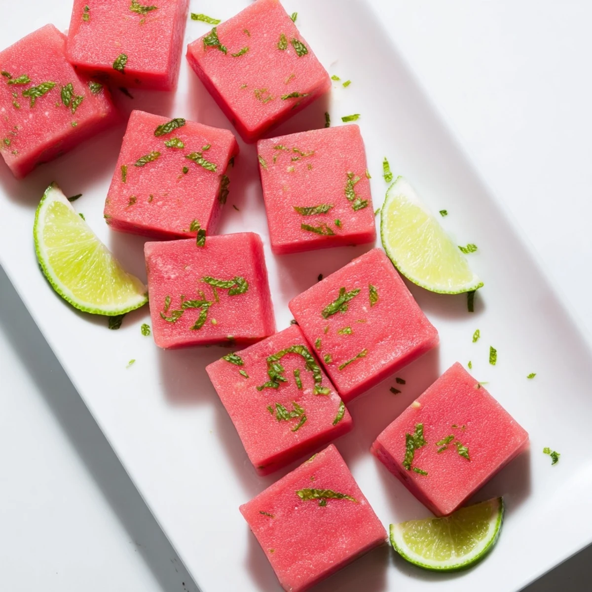 Frozen watermelon lime bars garnished with fresh mint on a white serving plate