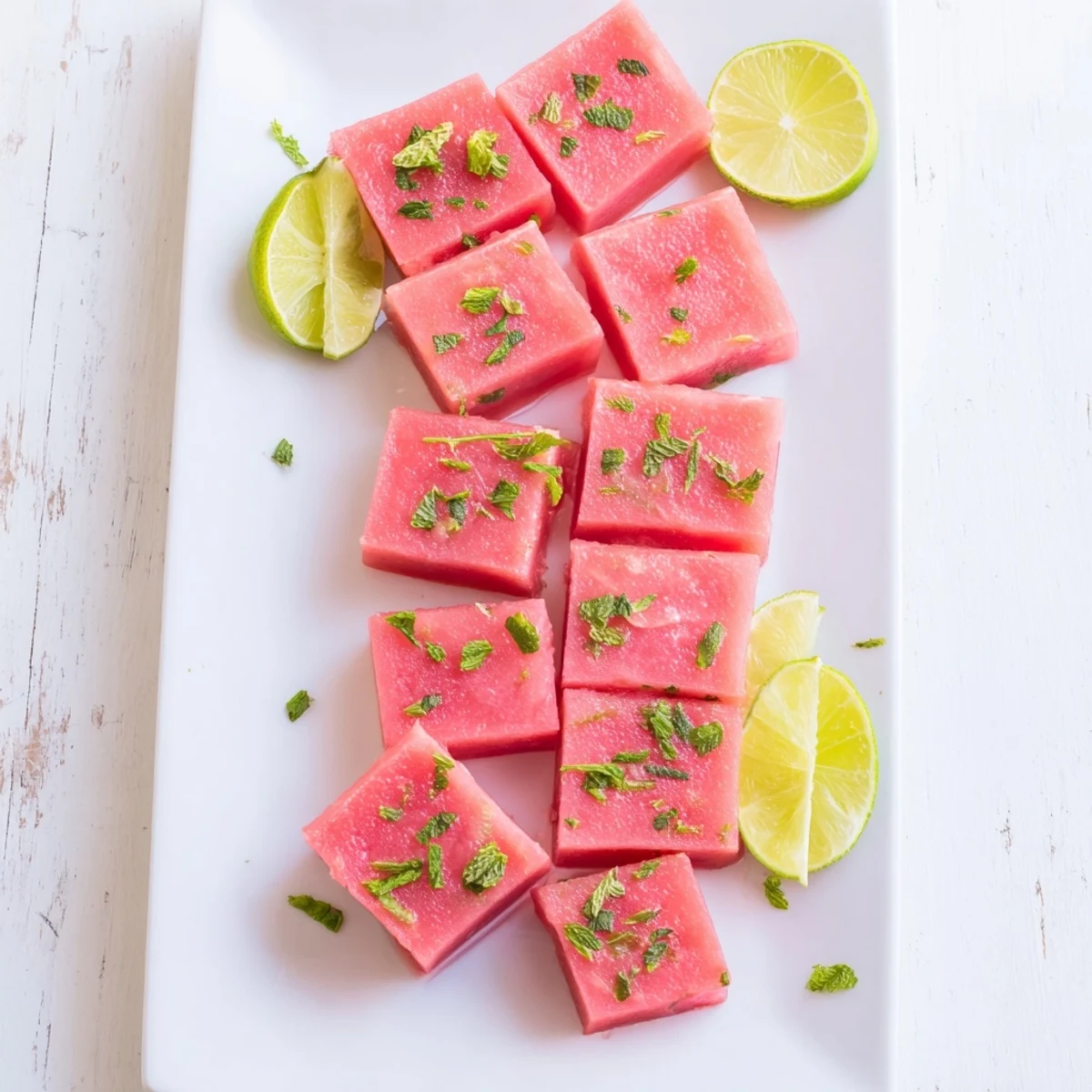 Refreshingly sweet frozen watermelon lime bars cut into squares with lime wedge garnish