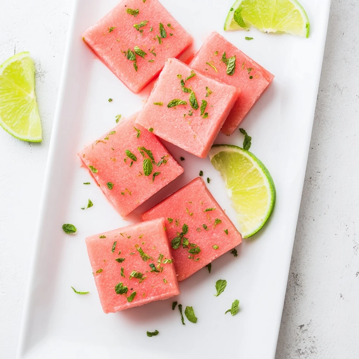 Bright pink frozen watermelon lime bars sprinkled with mint for summer dessert serving
