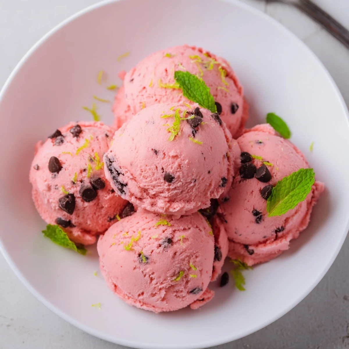 Creamy pink watermelon ice cream scooped into a chilled bowl with fresh watermelon chunks garnish