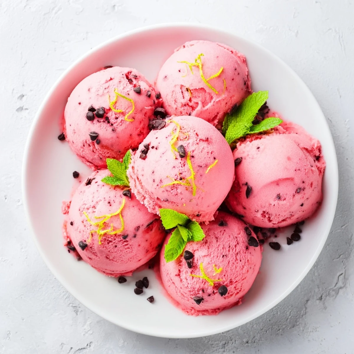 Refreshing watermelon ice cream swirled in a white bowl topped with mint sprigs on a wooden table