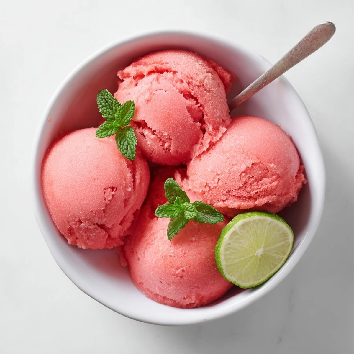 Vibrant pink watermelon sorbet scoop garnished with fresh mint leaves in a chilled glass bowl