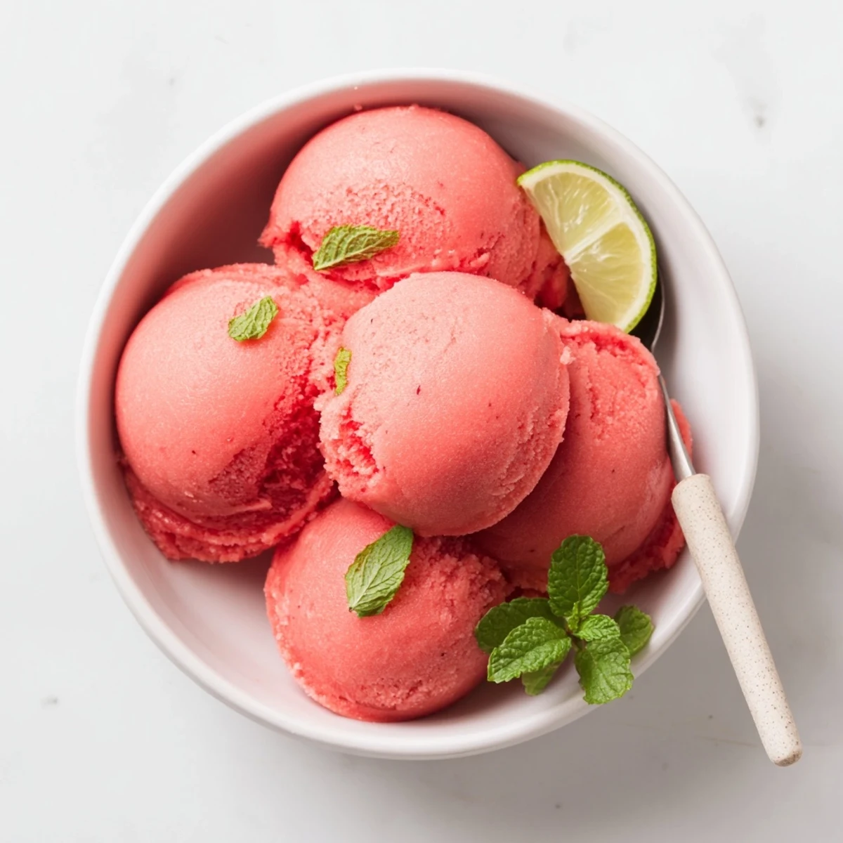 Smooth frozen watermelon sorbet melting slightly on a decorative plate with lime wedge garnish