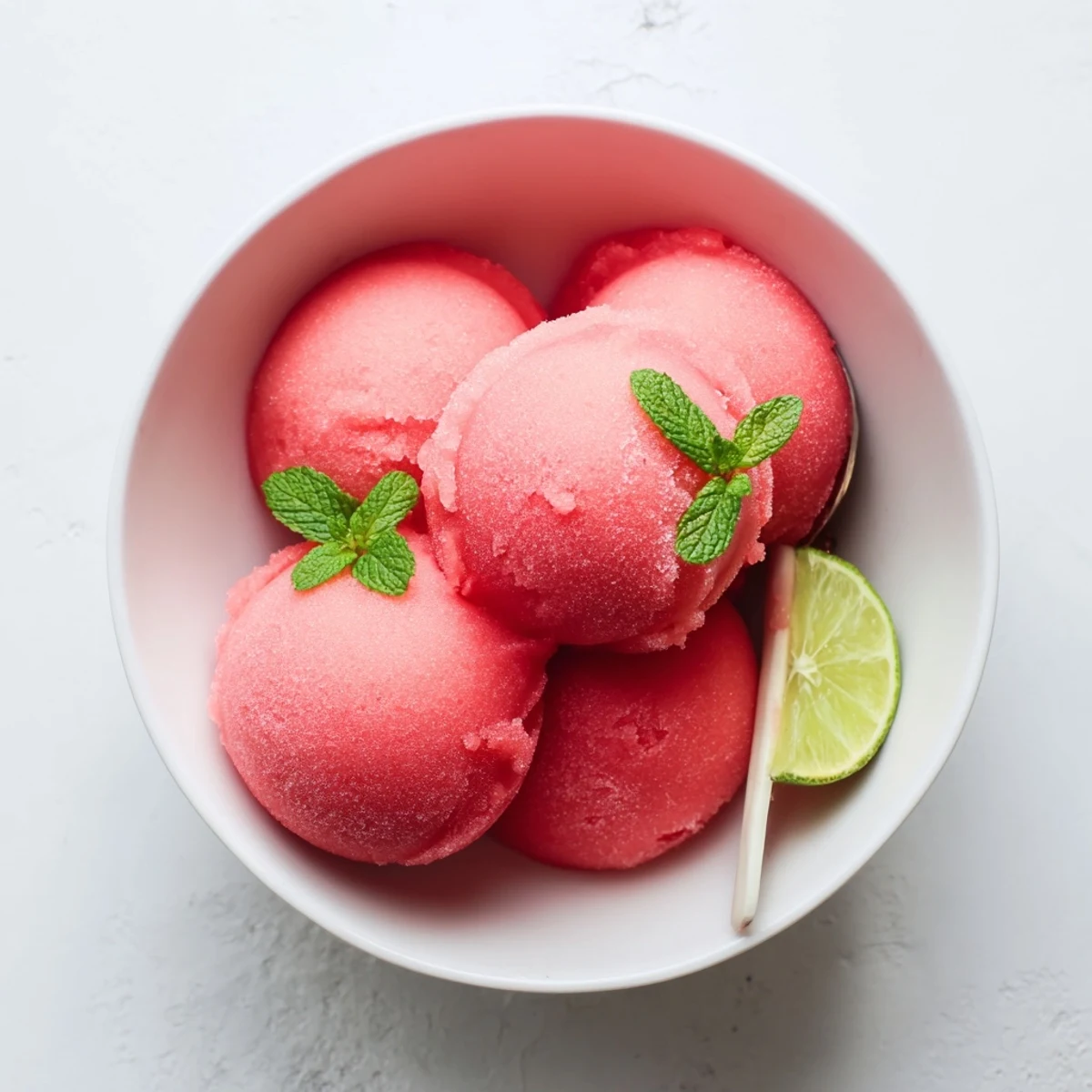 Refreshing scoop of bright red watermelon sorbet served in a white dessert bowl with fresh mint