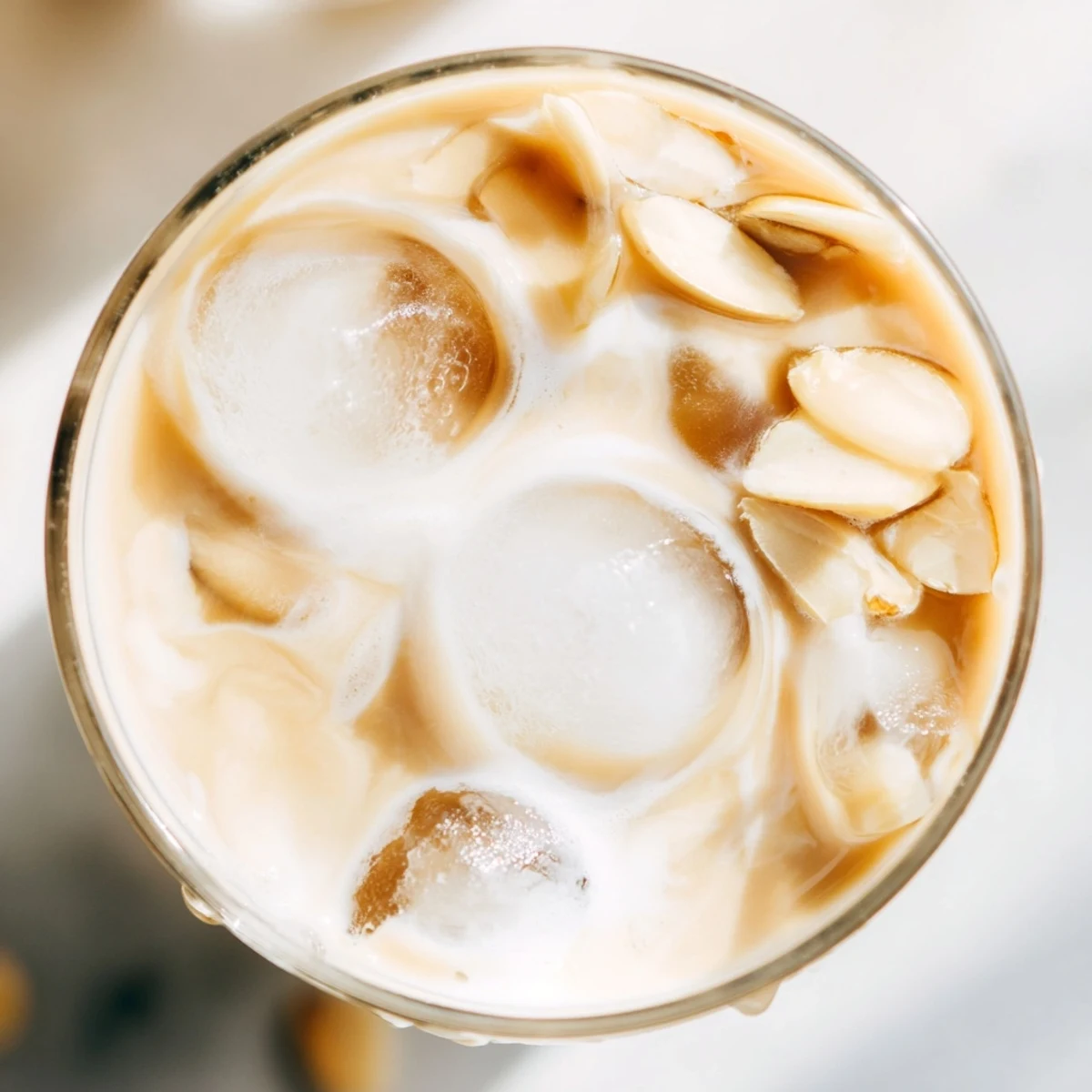 Creamy roasted almond milk beverage served in a tall glass over ice cubes