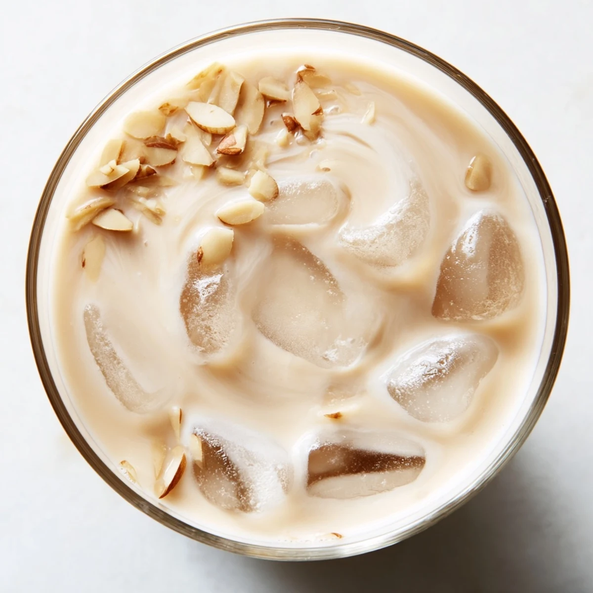 Golden roasted almond milk drink with swirls of cream on a rustic wooden table