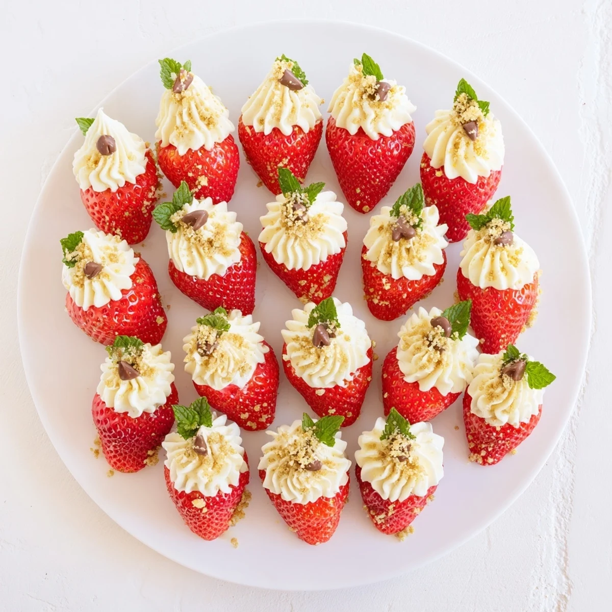 Romantic sweetheart cheesecake deviled strawberries topped with mint on a white serving platter