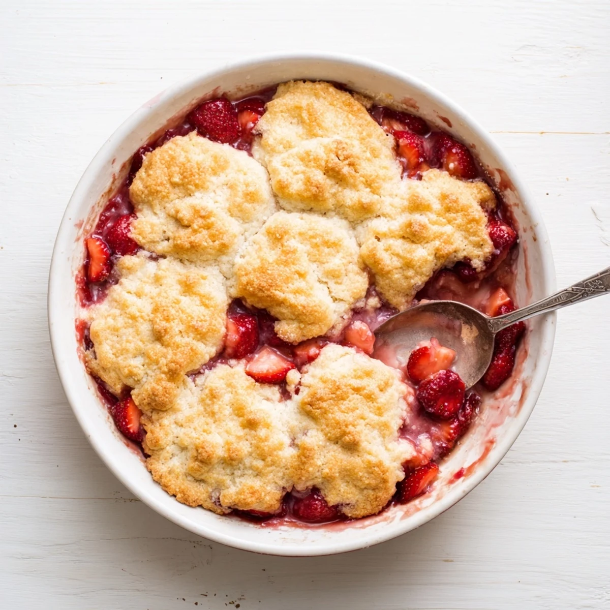 Fresh strawberry cobbler recipe bubbling in a baking dish with golden biscuit topping