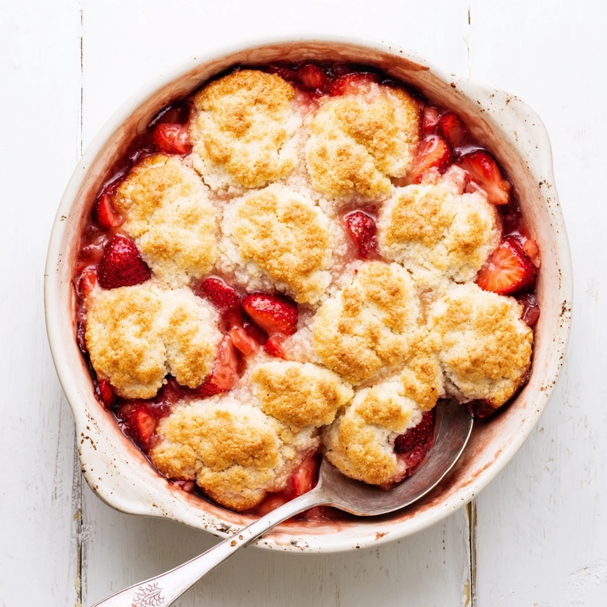 Golden fresh strawberry cobbler recipe served warm with vanilla ice cream melting on top