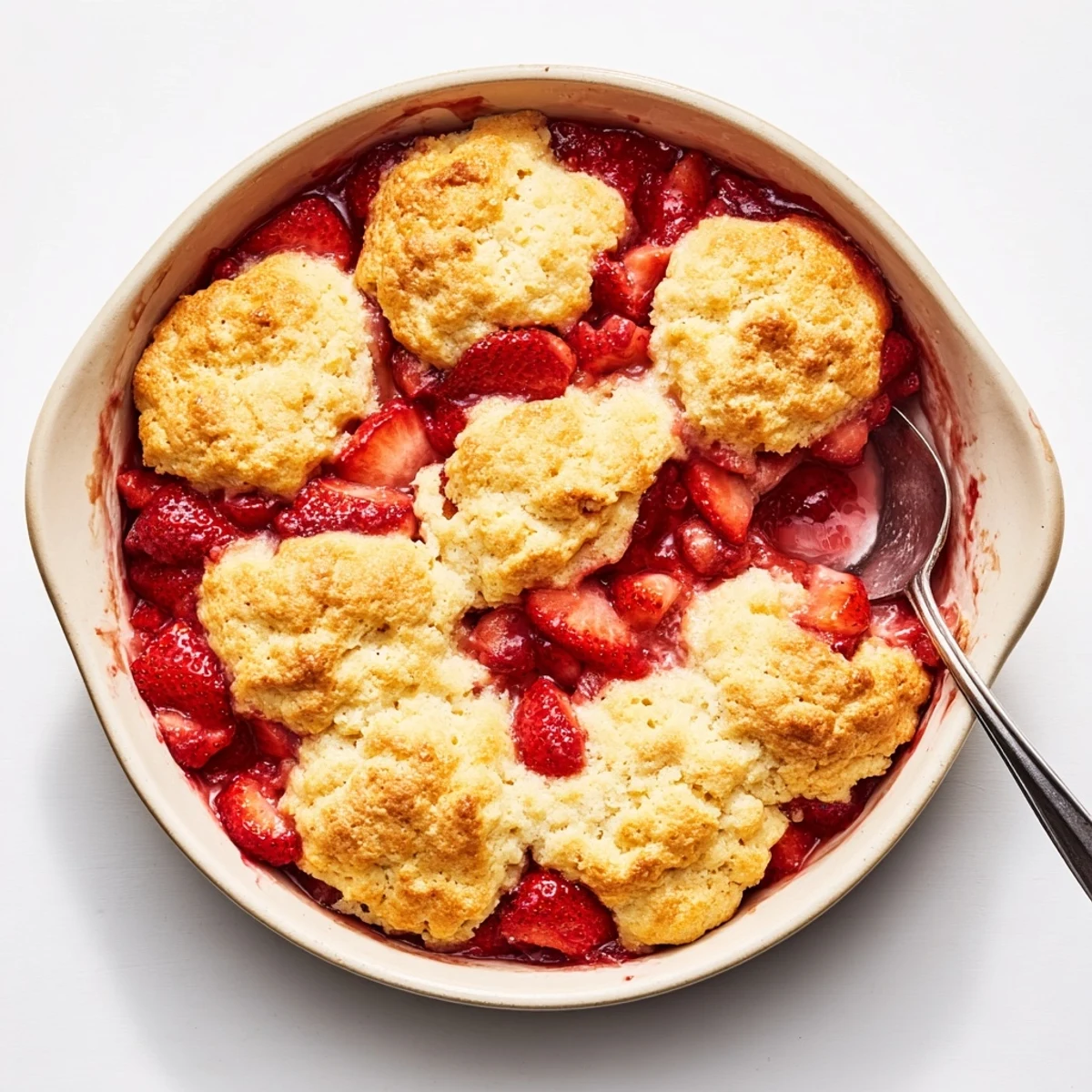 Baked fresh strawberry cobbler recipe showcasing juicy red fruit peeking through tender pastry topping