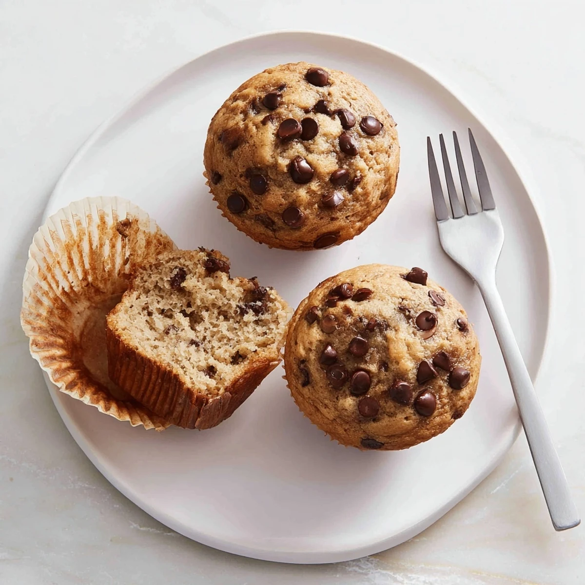 Freshly baked banana chocolate chip muffins with golden tops and melted chocolate chunks peeking through the moist crumb