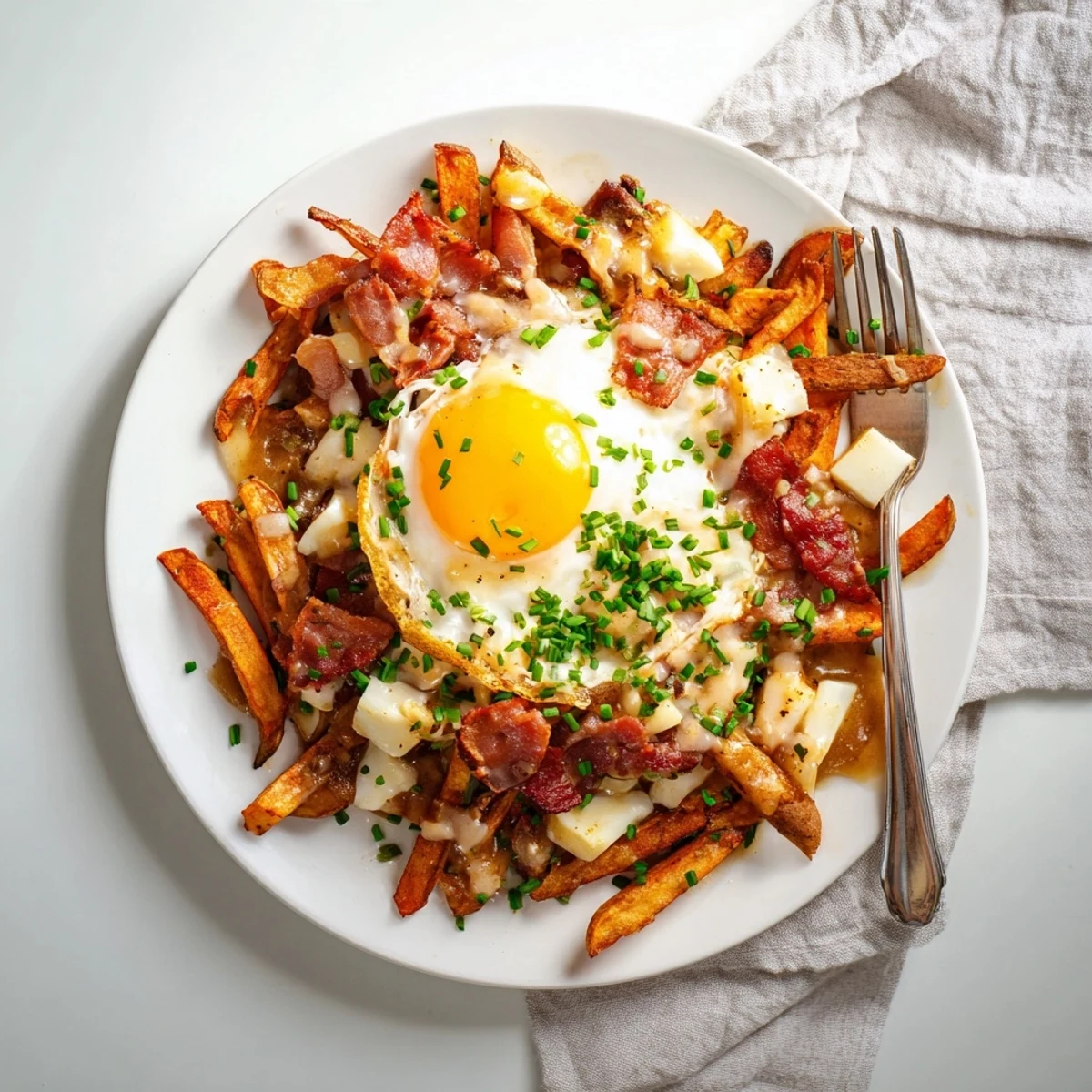 Golden crispy breakfast poutine topped with melty cheese curds, rich gravy, and perfectly cooked eggs