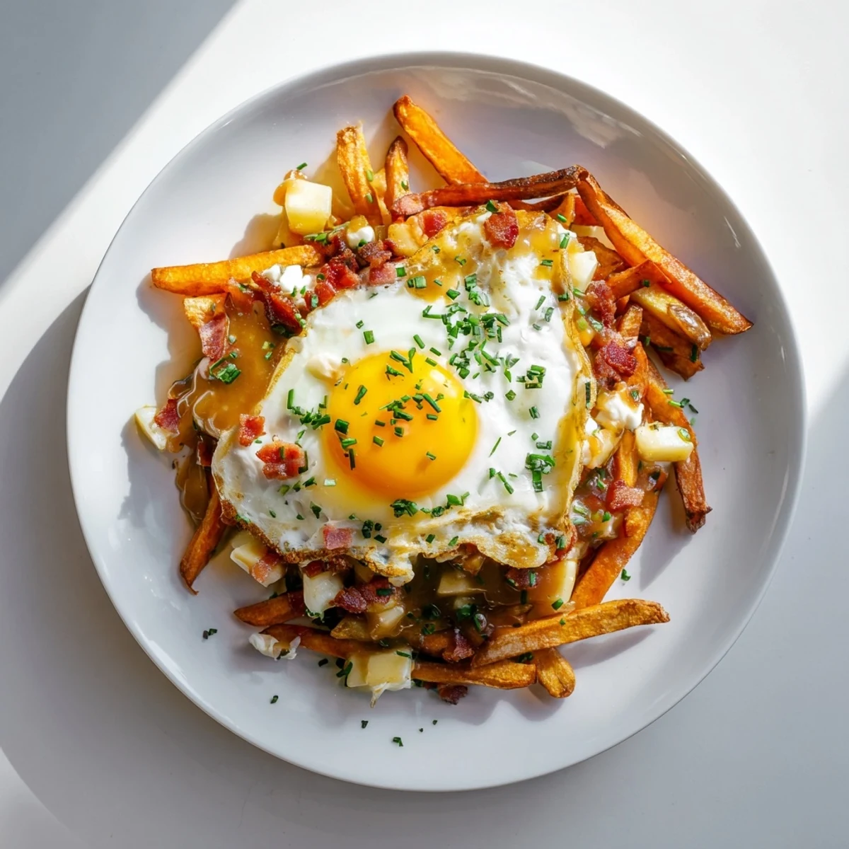 Decadent breakfast poutine loaded with cheese curds, crispy bacon, golden fries, and a runny poached egg